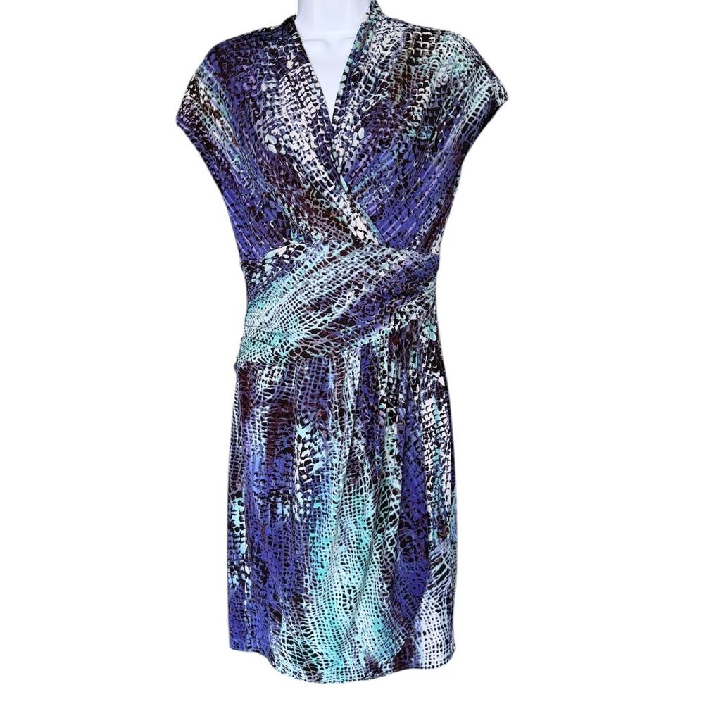 Suzi Chin for Maggy Boutique Faux-Wrap Dress Women’s 6 Blue Snake Print Stretch